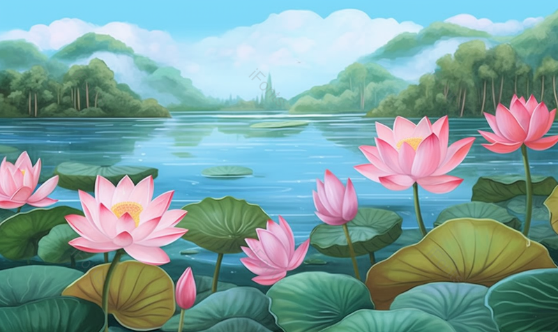 夏天绿色的盛夏池塘里的荷叶和盛开的荷花背景,插画/手绘图,插画/手绘图库,插画/手绘图下载,插画/手绘